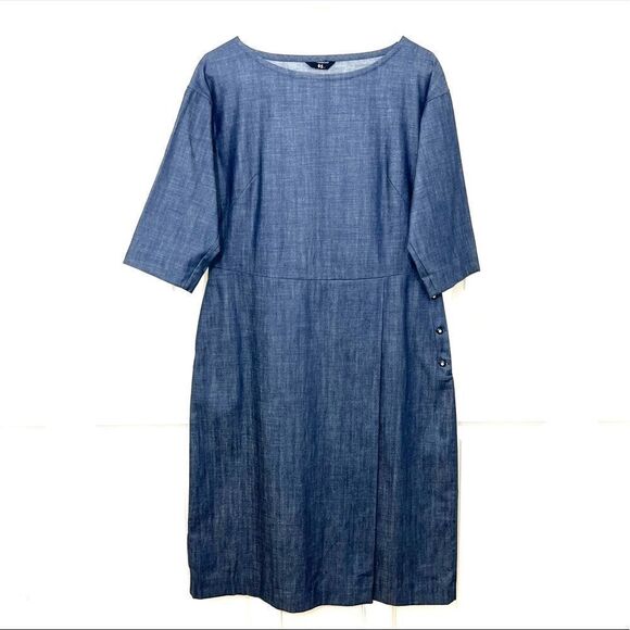 45R Dress Blue Cotton Side Button 1/2 Sleeve Baggy Lagenlook Midi Size Small - Picture 1 of 12